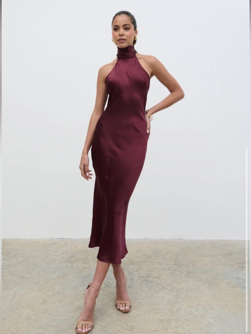 High-Neck Open Back Satin Dress in Burgundy Size 6 NWT